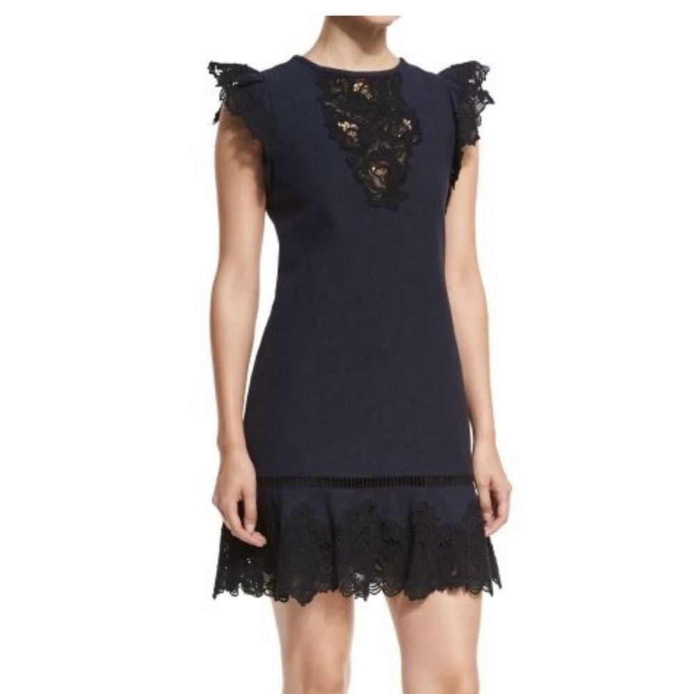 Rebecca Taylor Blue Twill Dress Lace Details Size 2